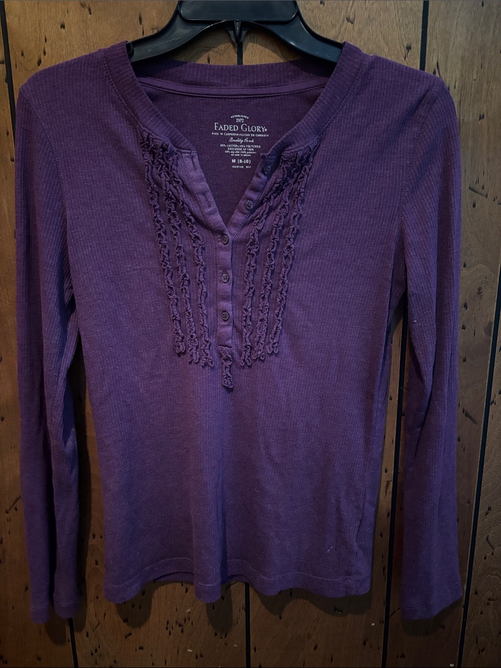 Faded Glory Women's Purple Long-Sleeve Henley with Ruffle Trim